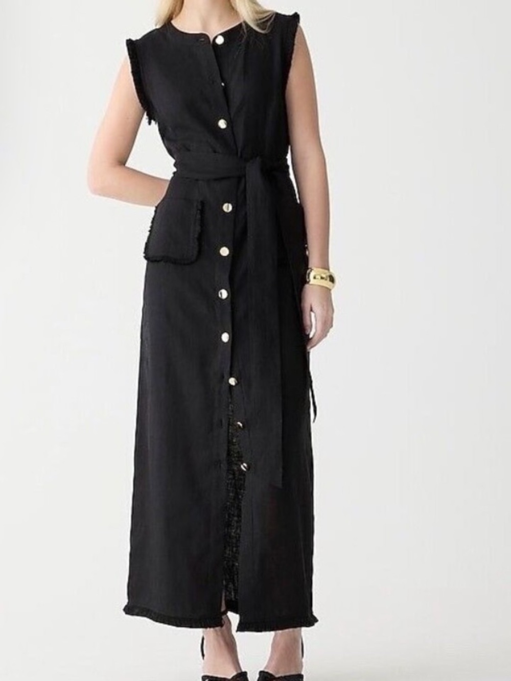 J.Crew Maxi DressLinen Blend Fringe Trim Button Front Gold Button Size XS